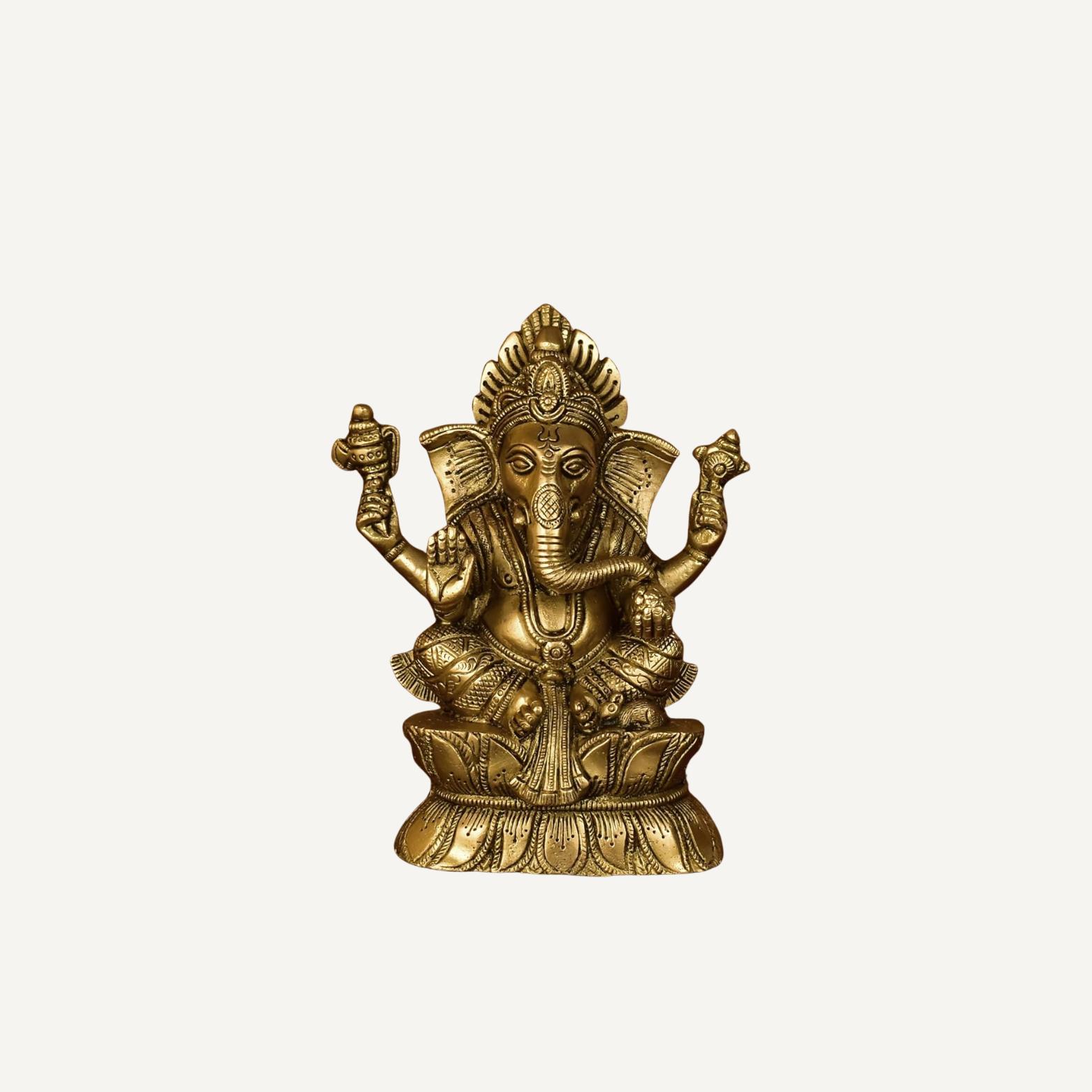 Lord Ganesha Left Side Trunk Sitting On Lotus Statue, Idol Home Decor Figurine