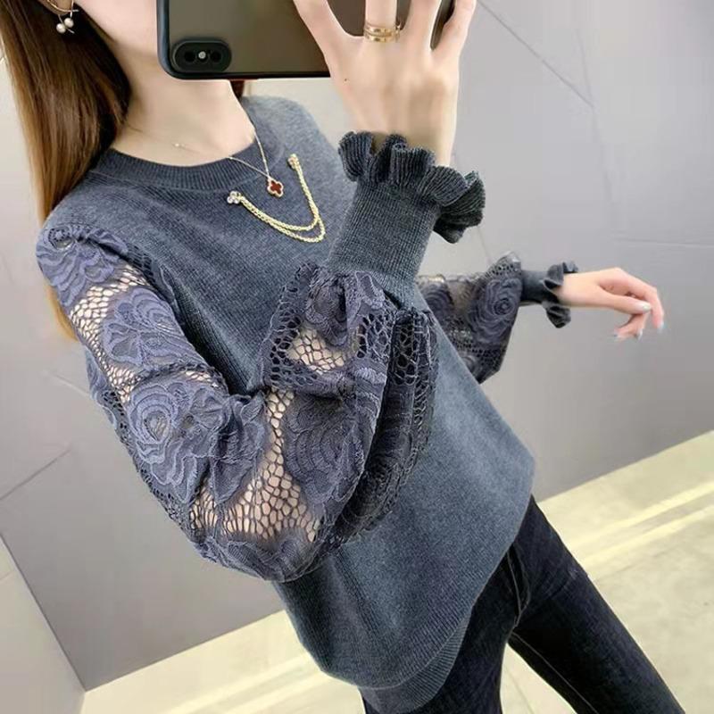 Summer Autumn Hollowed Out Rose Pullover Sweater for Women Long Sleeved Loose Round Neck Casual Knit Sweater for Women Inner Outfit