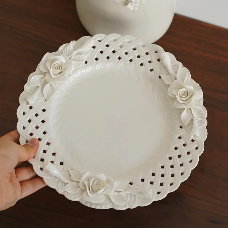 Prato de Jantar Ocidental de Cerâmica de 10" Estilo Fino da Corte Europeia Prato Floral de Rosa Amassado à Mão Prato de Coleção de Arte Pratos de Alta Qualidade