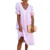 Solid Color V-neck Short Sleeve Dress Women Solid Color and V-neck Short Sleeve Dress