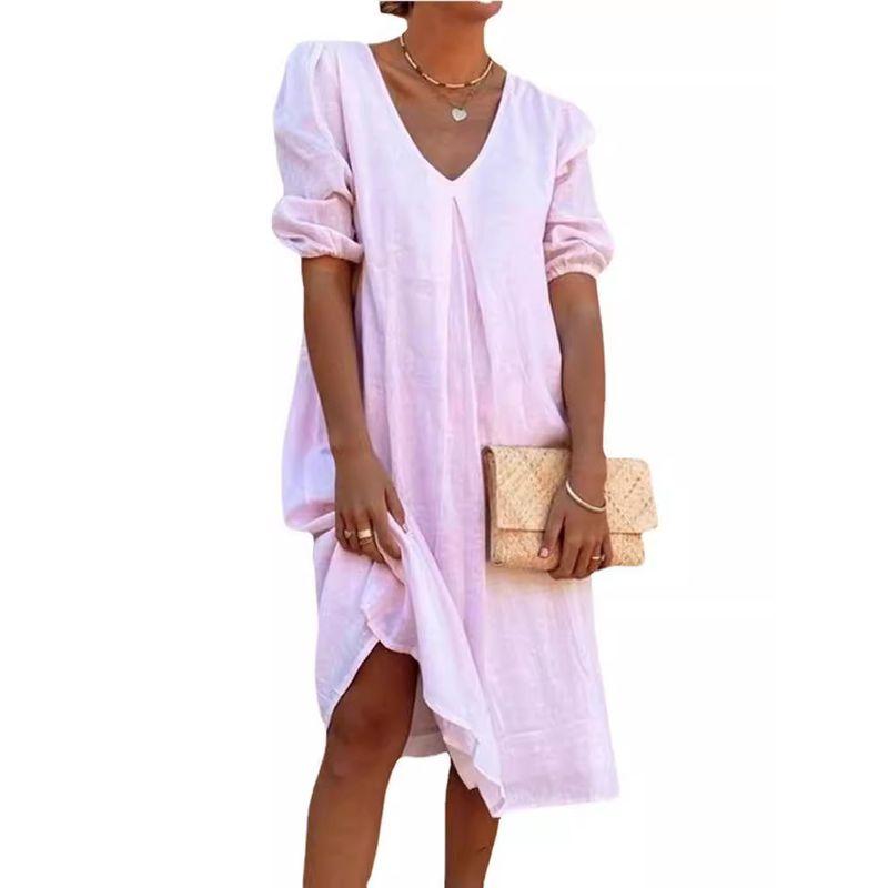 Solid Color V-neck Short Sleeve Dress Women Solid Color and V-neck Short Sleeve Dress