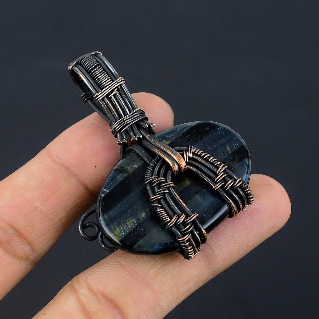 Blue Tiger Eye Pendant, 999 Copper Wire Wrapped Pendant Jewelry. Gift For Women Handmade Pendant Gemstone Jewelry