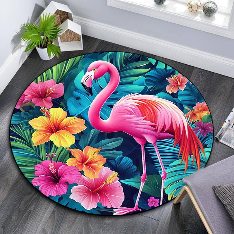 Flamingo Tropical Round Area Rug,Carpet Rug for Living Room Bedroom Sofa Playroom Decor,Non-slip Floor Mat