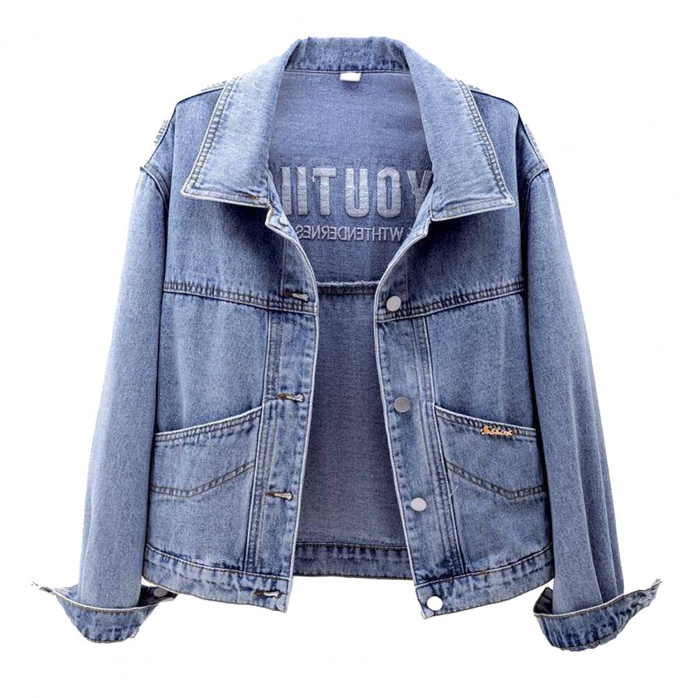 

Женская куртка с отложным воротником, длинный рукав, однобортная, однотонная, с пуговицами, вышитыми карманами, короткая, джинсовая, хип-хоп, уличная M синий