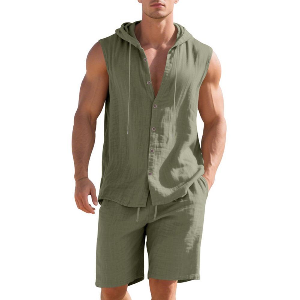 Mens Summer 2 Piece Outfit Shorts Set with Sleeveless Hooded Shirt Top Cotton Beach Casual Loose Fit Comfortable Athletic