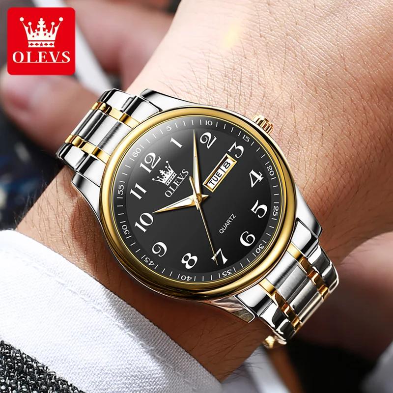 OLEVS Klassische Herrenuhren aus Edelstahl, wasserdicht, leuchtend, Doppelkalenderanzeige, Quarzuhr für Männer