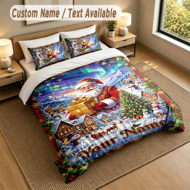 Christmas Theme Personalized 3Pcs Bedding Set Custom Text & Name 1 Sheet 2 Pillowcases Household Bedding 1pc