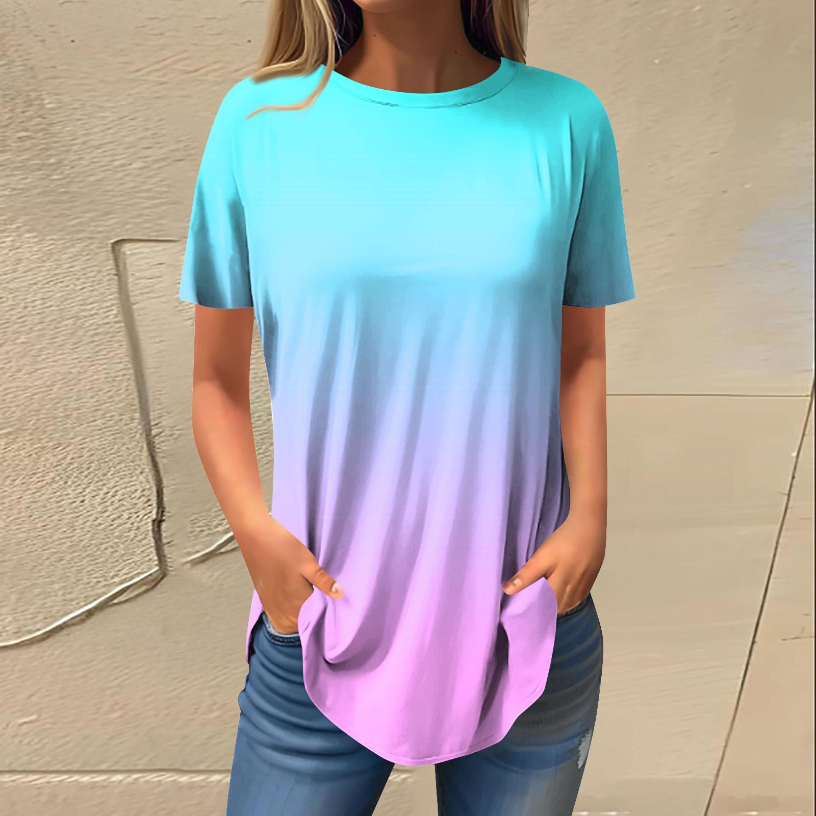Women s Fashion Casual Round Neck Gradient Printed Short Sleeve Pullover T-Shirt Top L