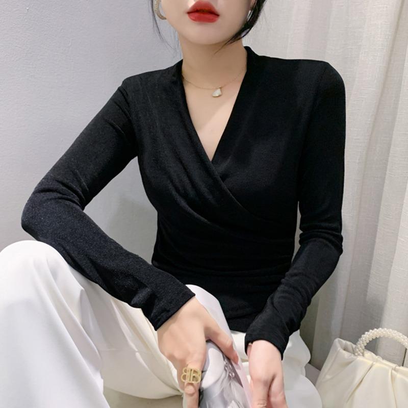 Sexy Cross V-neck T-shirt for Women In Women's Long-sleeved Autumn Fashionable Design Pleated Top Temperament Waist-hugging Slimming Base Shirt