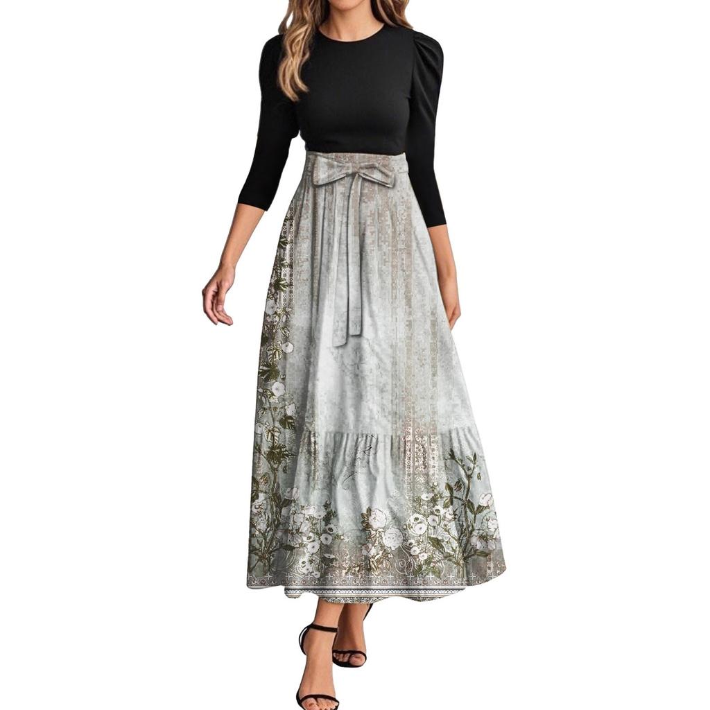 Women's Fashion Casual Belt Round Neck Floral Stitching Elegant Temperament Three-quarter Sleeve Dress