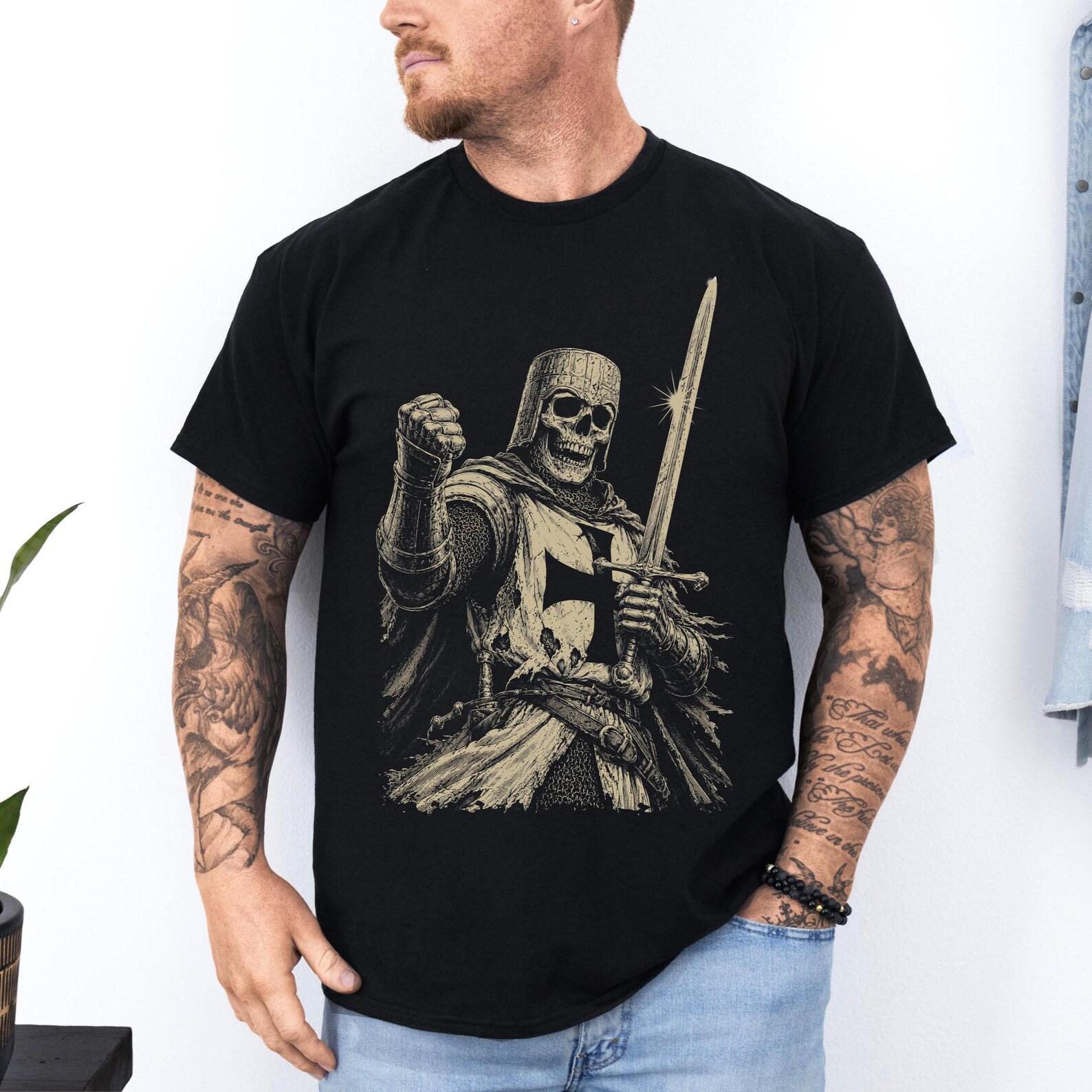 Templar Knight Skull Shirt: Medieval Crusader Skeleton Tee | Gothic Knight Templar T Shirt | Middle Ages Warrior Shirt | History Lover Gift L