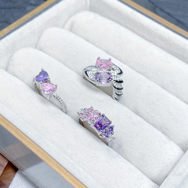 [Twin Crystal Love] Pink Purple Full Diamond Zir*****Pening Ring Niche Light Luxury High Sense Sweet Treasure Ring Girl