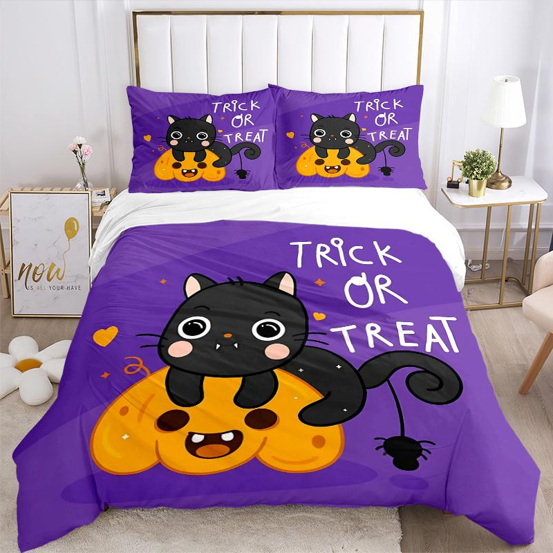 3pcs Trick or Treat Adorable Cat and Pumpkin Bedding Set - Includes Quilt Cover and Pillowcases, Suitable for All Seasons,