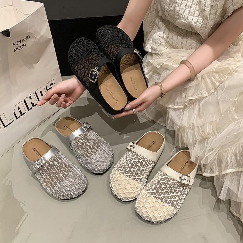 Flat-bottomed bag head half slippers women's summer 2025 new outer wear woven mesh breathable one pedal lazy half slippers