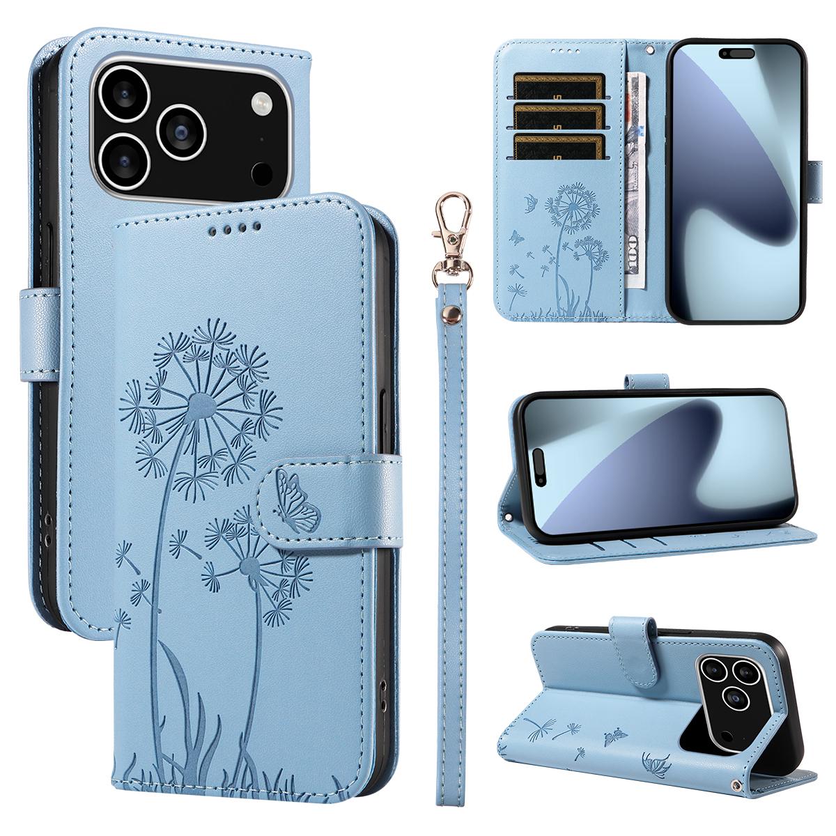 

For iPhone 17 Pro Leather Wallet Case with Strap Dandelion Imprint Phone Stand Cover Sky Blue