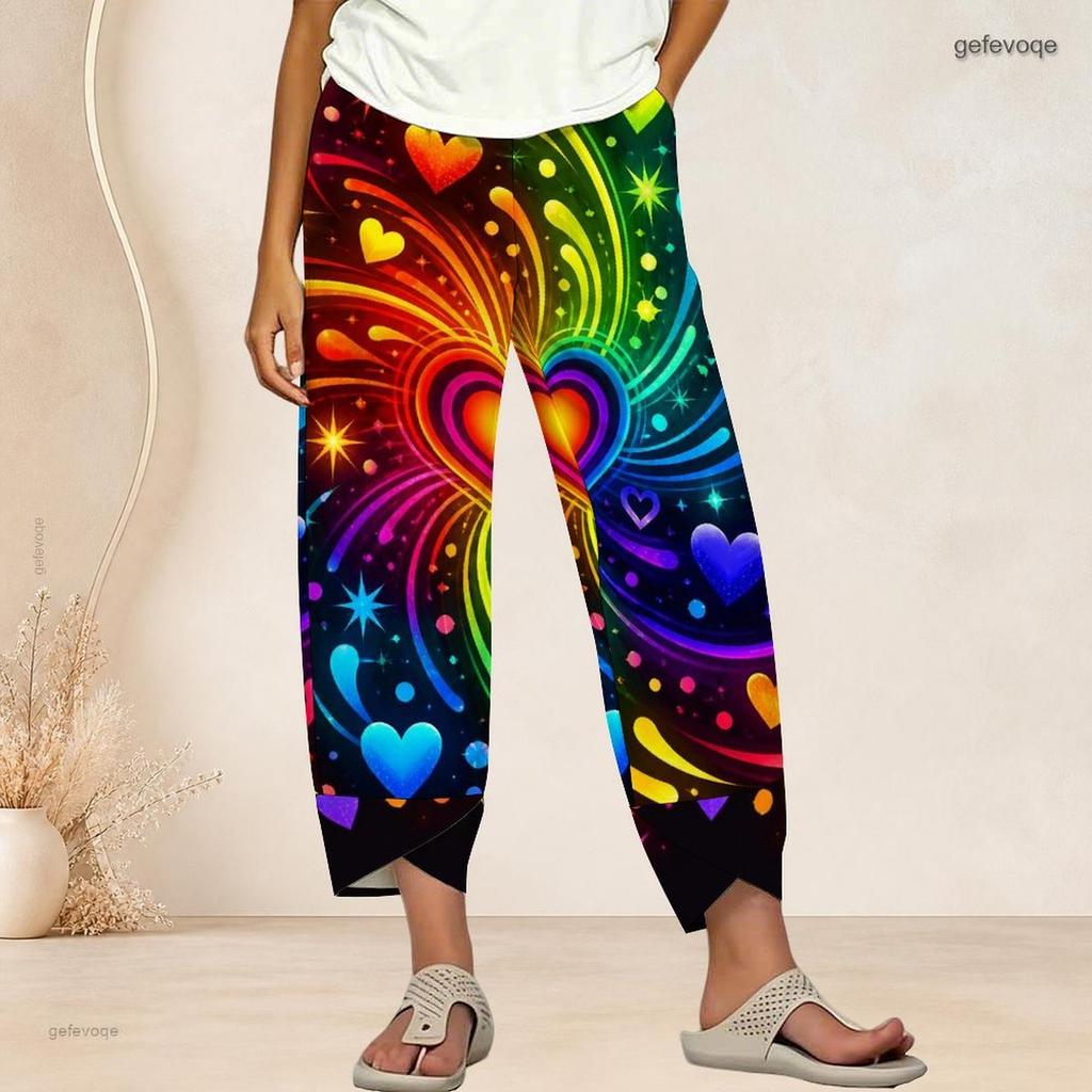 Women Plus Size Cross Hem Long Pants Colorful Sketch Heart Star Graffiti Print Loose Casual Trousers