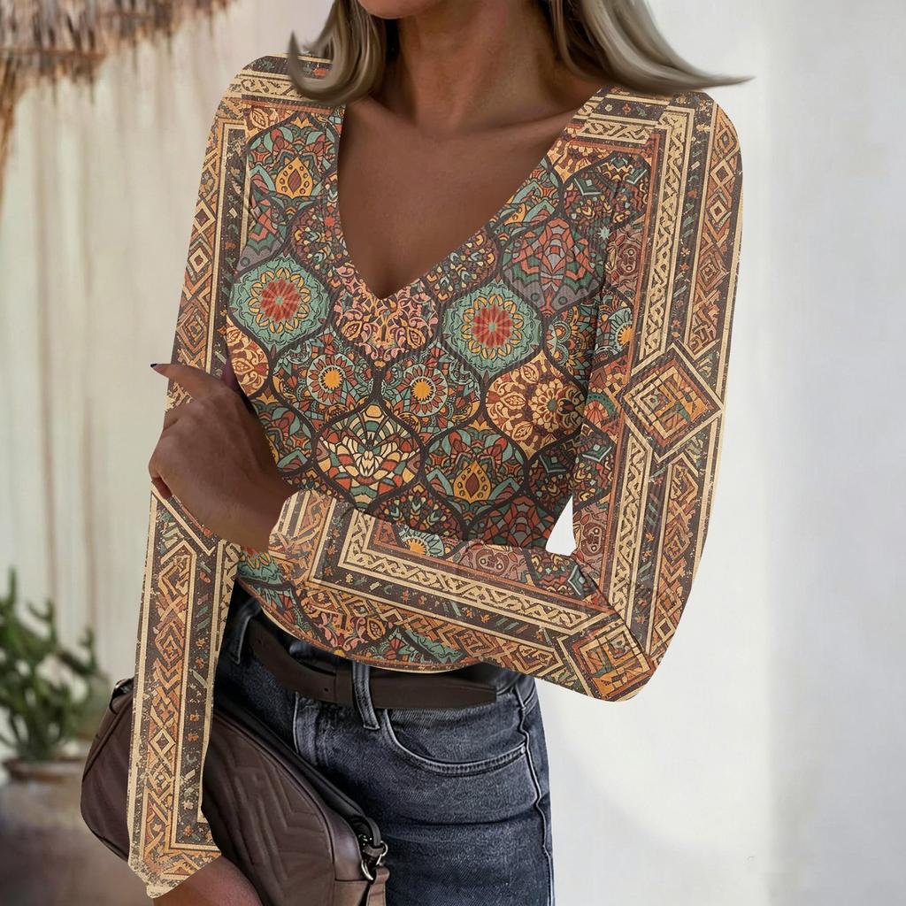 Women's Casual V-Neck Ribbed Long Sleeve Top with Leopard and Polka Dot Print for Everyday Wear