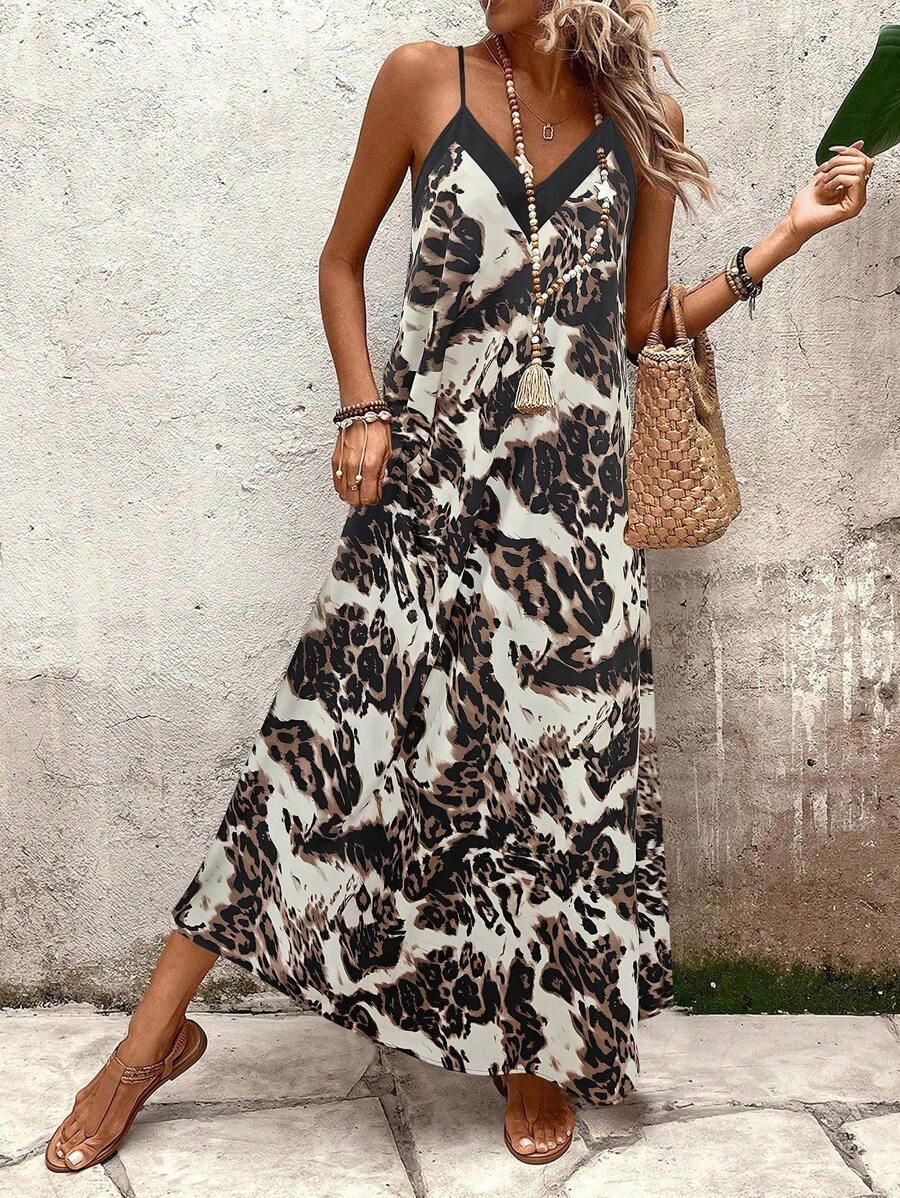 European 3D Floral Ink Wash V-Neck Camisole Dress XXL