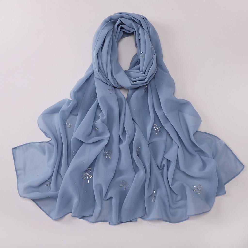 Pearl Chiffon Starry Bow Rhinestone Long Scarf Muslim Women Headscarf