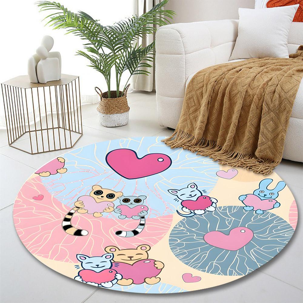Cute Animals Holding Colorful Hearts Print round rug, living room, bedroom, playroom carpet, non slip floor mat, gift