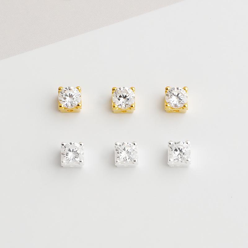 Perles d'espacement carrées en argent sterling S925 avec diamants pour bracelets et colliers de perles à faire soi-même.