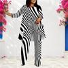 Women Plus Size Two Piece Set Round Neck Long Sleeve Black White Striped Printed Layered Top And Long Pants