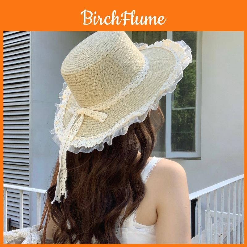 Summer Womens Sun Hat With Lace Ribbon Wide Brim Sun Protection Outdoor Beach Accessory