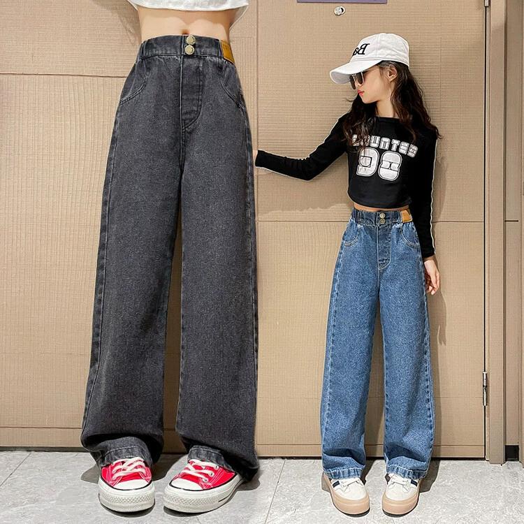 Mädchenhosen Frühling und Herbst Locker Gerade Bein Herbsthosen Modischer Westernstil Große Kinder Weitbeinige Hosen Herbst Kinderjeans