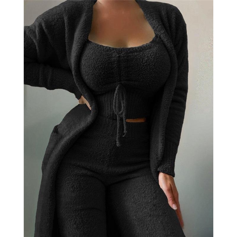 

Женский плюшевый пижамный костюм из 3 предметов на шнуровке, повседневный костюм, однотонный, облегающий, брюки-слинг, длинная куртка, домашняя одежда XXXL чёрный