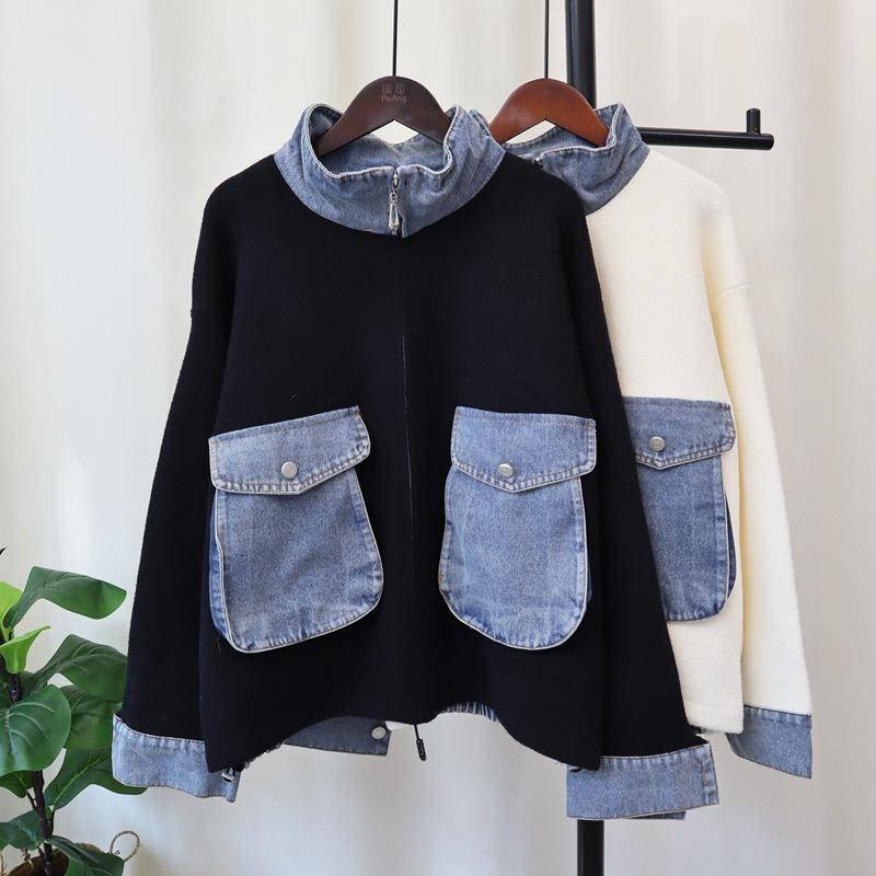 Autumn and winter new zipper splicing denim knitted double-sided woolen cardigan temperament sweater jacket women