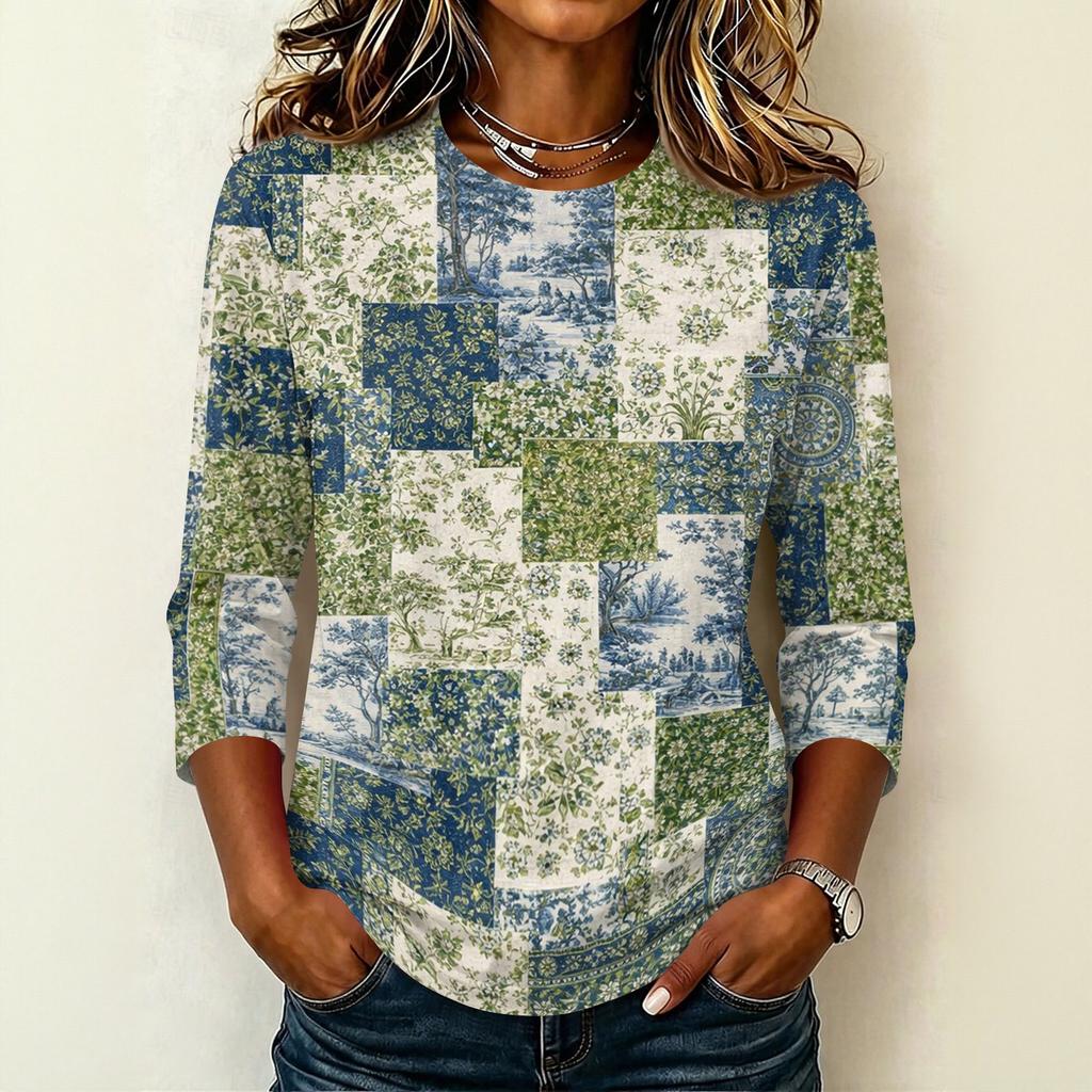 Camiseta Informal para Mujer con Cuello Redondo, Manga Tres Cuartos, Estampado Floral, para Uso Diario, Tejido Ligero y Suave, Diseño de Corte Holgado