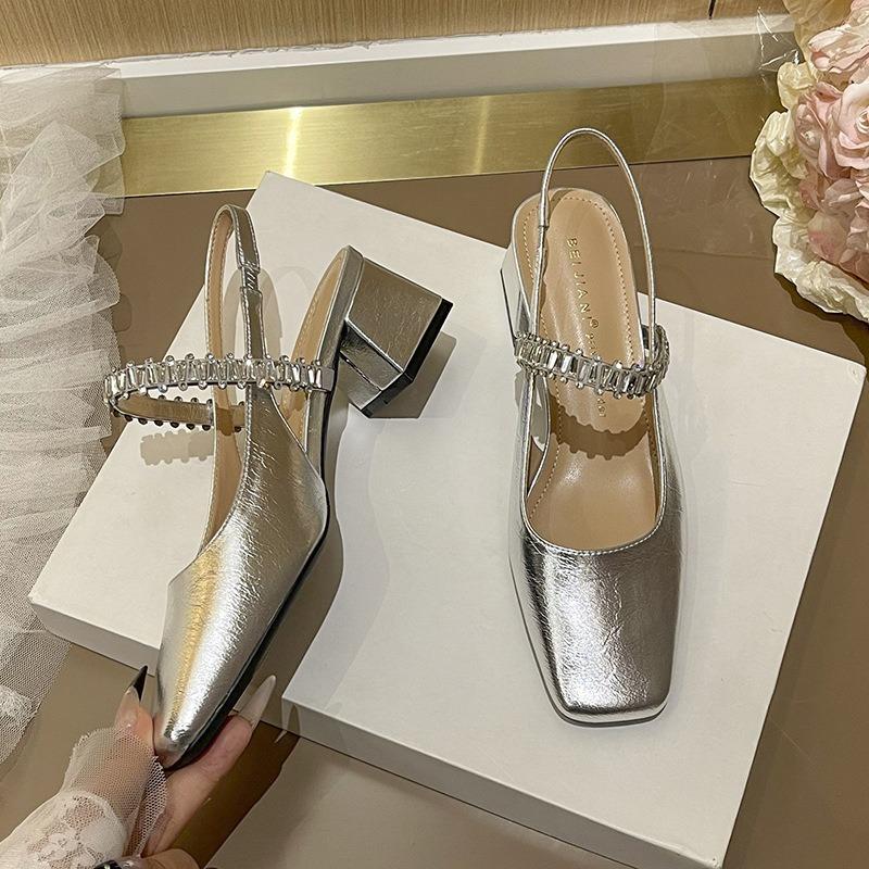 Silver Rhinestone Chain with Bag Head Sandals Women's Square Head Sheepskin Mary Jane Shoes Thick Heel Single Shoes