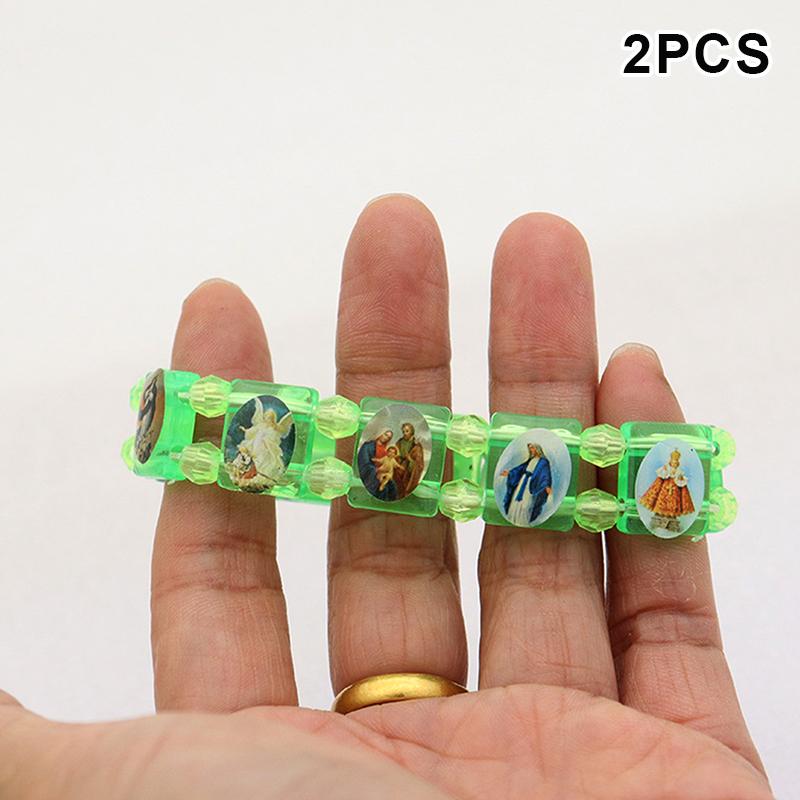 2Pcs Vintage Jesus And Virgin Mary Pvc Rosary Bead Bracelet With Elastic Band Religious Image Stickers For Daily Wear Parties