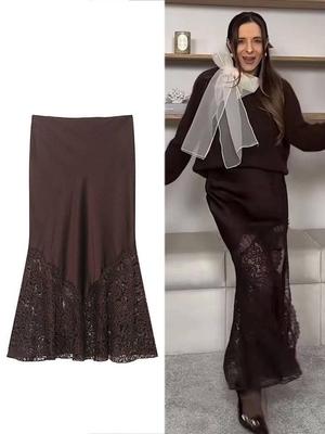 European Style Women's Mid-Length Lace Silk Satin Skirt - Autumn/Winter Collection