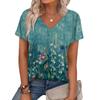 Women V Neck Floral Print Short Sleeve Blouse Pleated Hem Casual Loose Fit Summer Spring Top