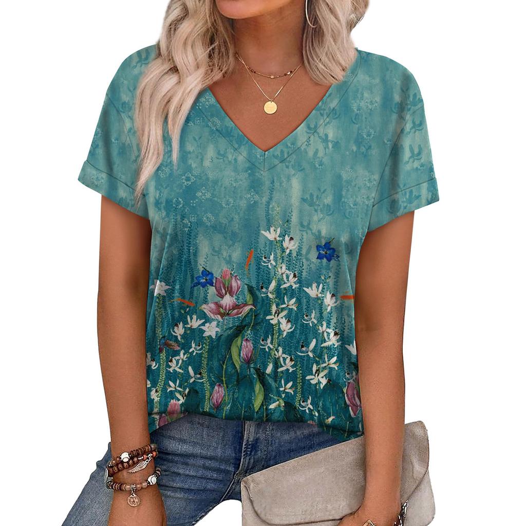 Women V Neck Floral Print Short Sleeve Blouse Pleated Hem Casual Loose Fit Summer Spring Top